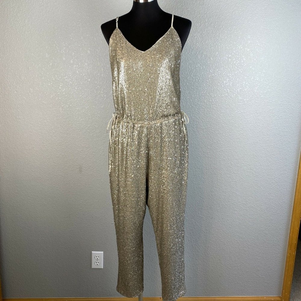 Free People Sequin Pantsuit Jumpsuit L Large Gold